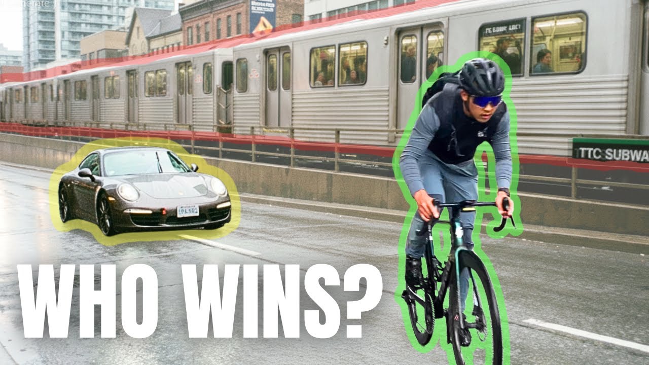 YouTube post by @henrychungfitness for OutdoorMaster. Caption reads: I took bike vs car vs train in Toronto - Which got....