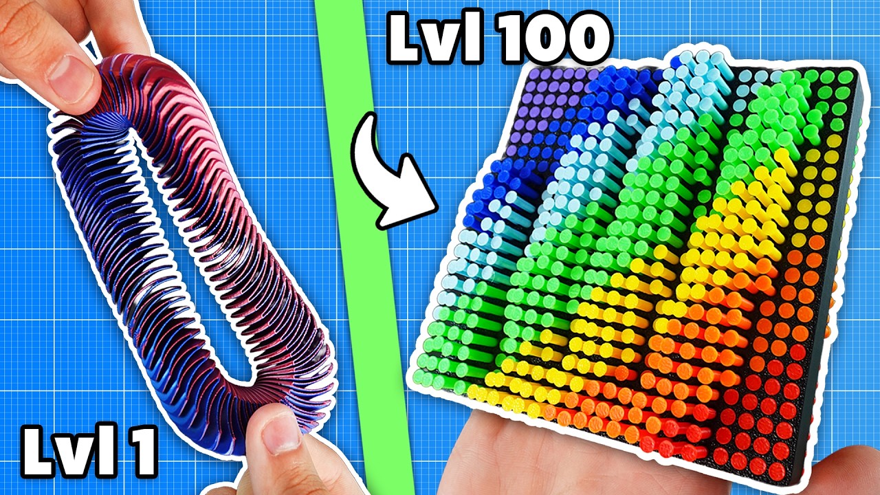YouTube post by @theplopyt for Thingiverse. Caption reads: Level 1-100 Satisfying 3D Prints.