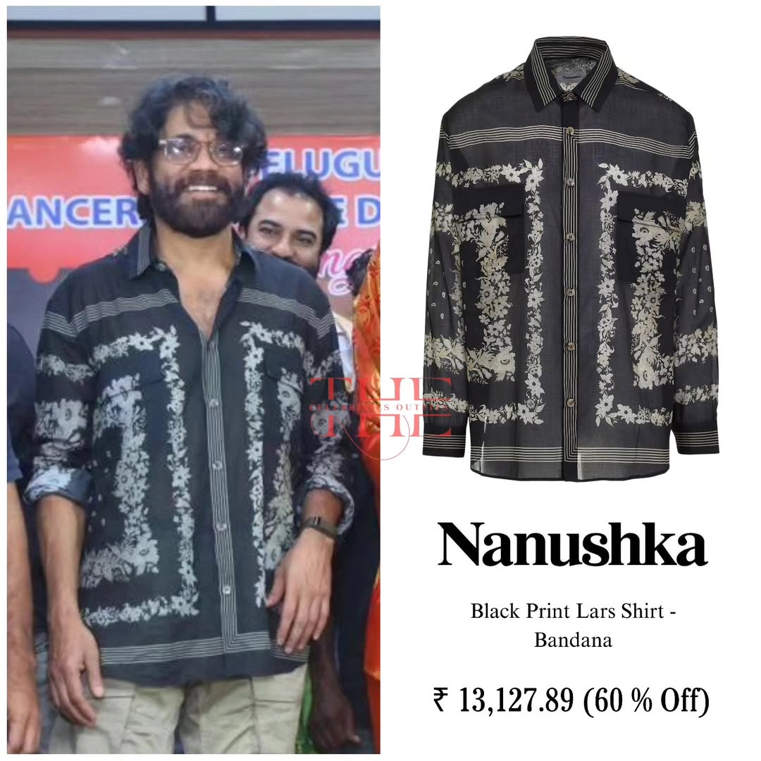 Instagram post by @thecelebrities_outfits for Nanushka. Caption reads: NAGARJUNA AKKINENI Shirt : @nanushka Price : ₹....