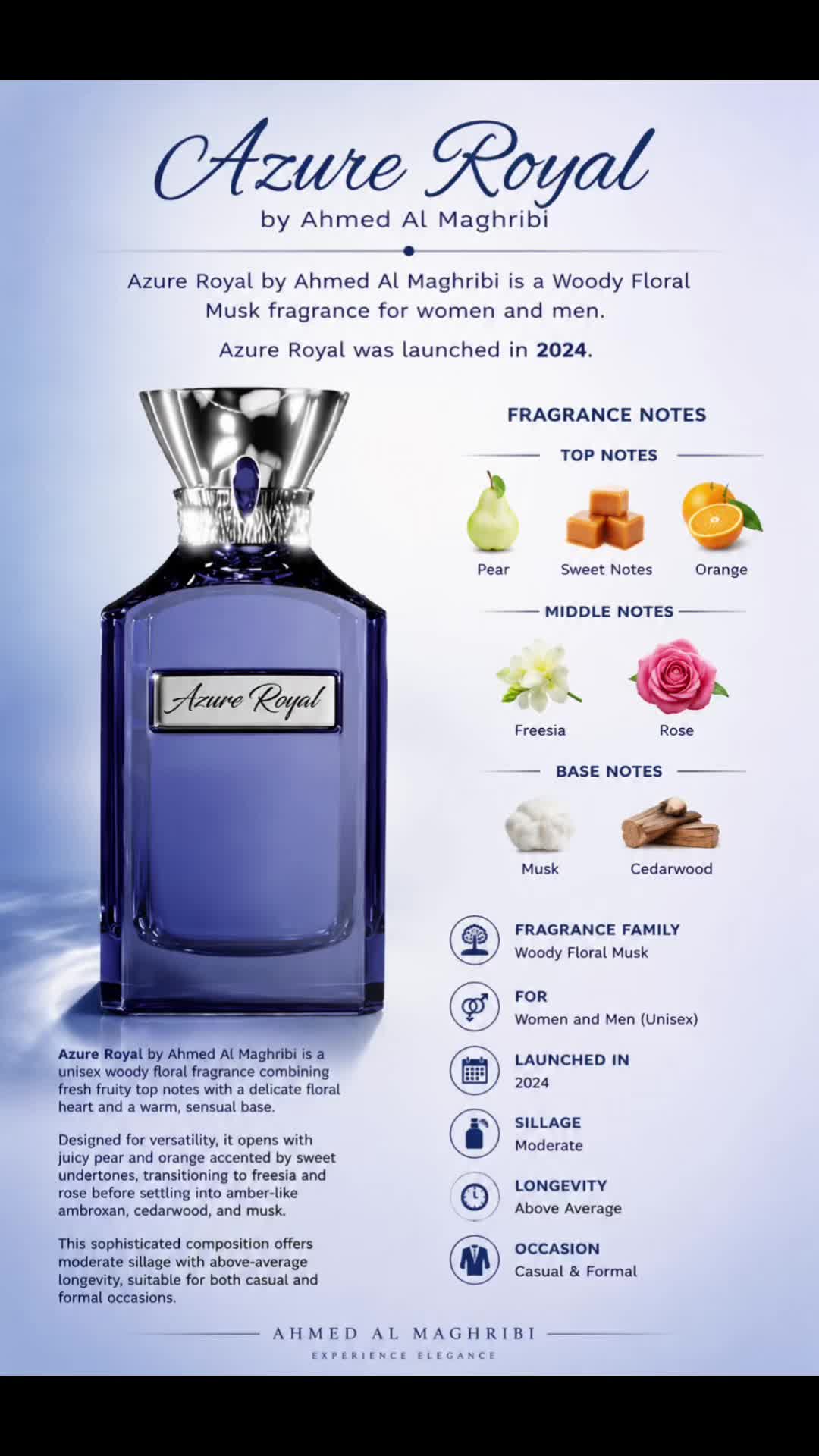 TikTok post by @perfume_queen_ for PerfumeboxUSA. Caption reads: Azure Royal by Ahmed Al Maghribi “If you’re....