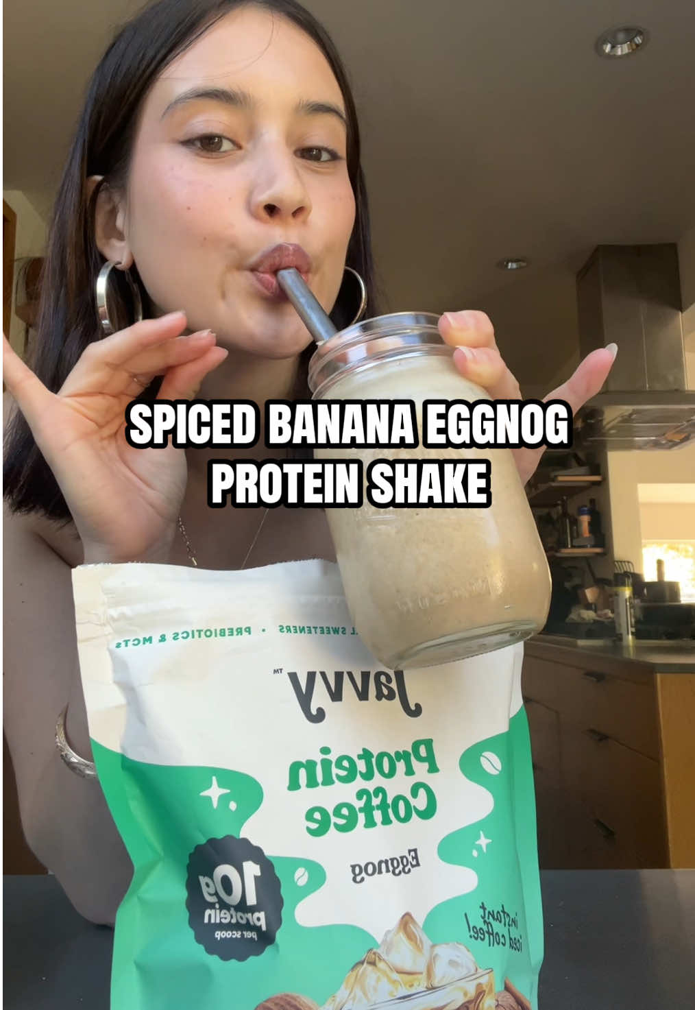 TikTok post by @bitesizedcity for Javy Coffee. Caption reads: try this holiday protein shake ⭐️⭐️ using @Javvy....