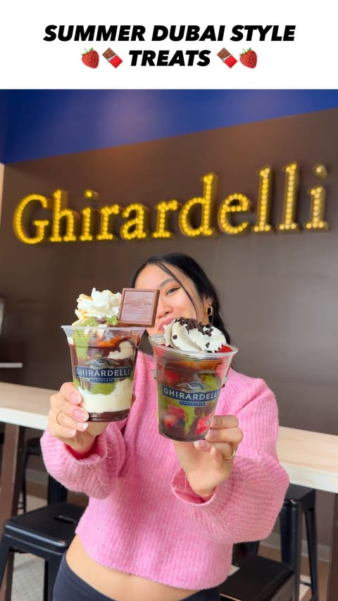 Instagram post by @linder_surprise for Ghirardelli Chocolate Company. Caption reads: 🍓✨ The new Dubai Style Chocolate Strawberry Bliss....