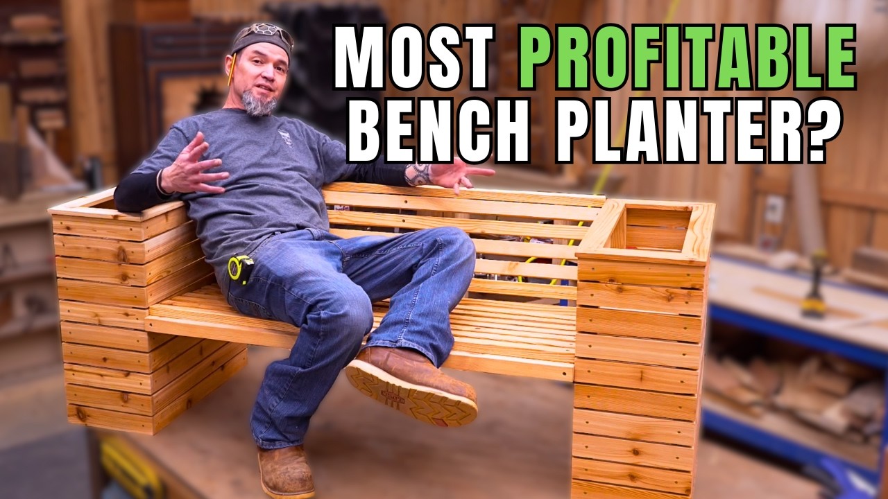 YouTube post by @MatthewPeechWoodworking for Kreg Tool. Caption reads: Build an Easy DOUBLE Planter Bench / Common....