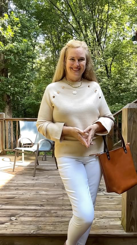 Instagram post by @yogathroughmenopause for ZESICA. Caption reads: Sweater weather is here! 🤍 This ZESICA ribbed....