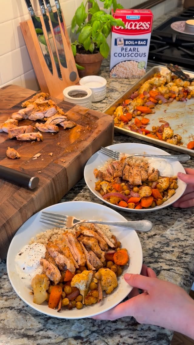 Instagram post by @kristenhushen for Success Rice. Caption reads: Harissa Roasted Veggies and Chicken Thighs....