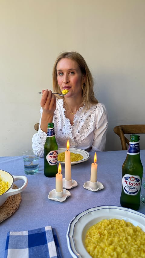 Instagram post by @alexandradudley for Peroni Nastro Azzurro. Caption reads: AD | Supper at home cooking one of my favourite....