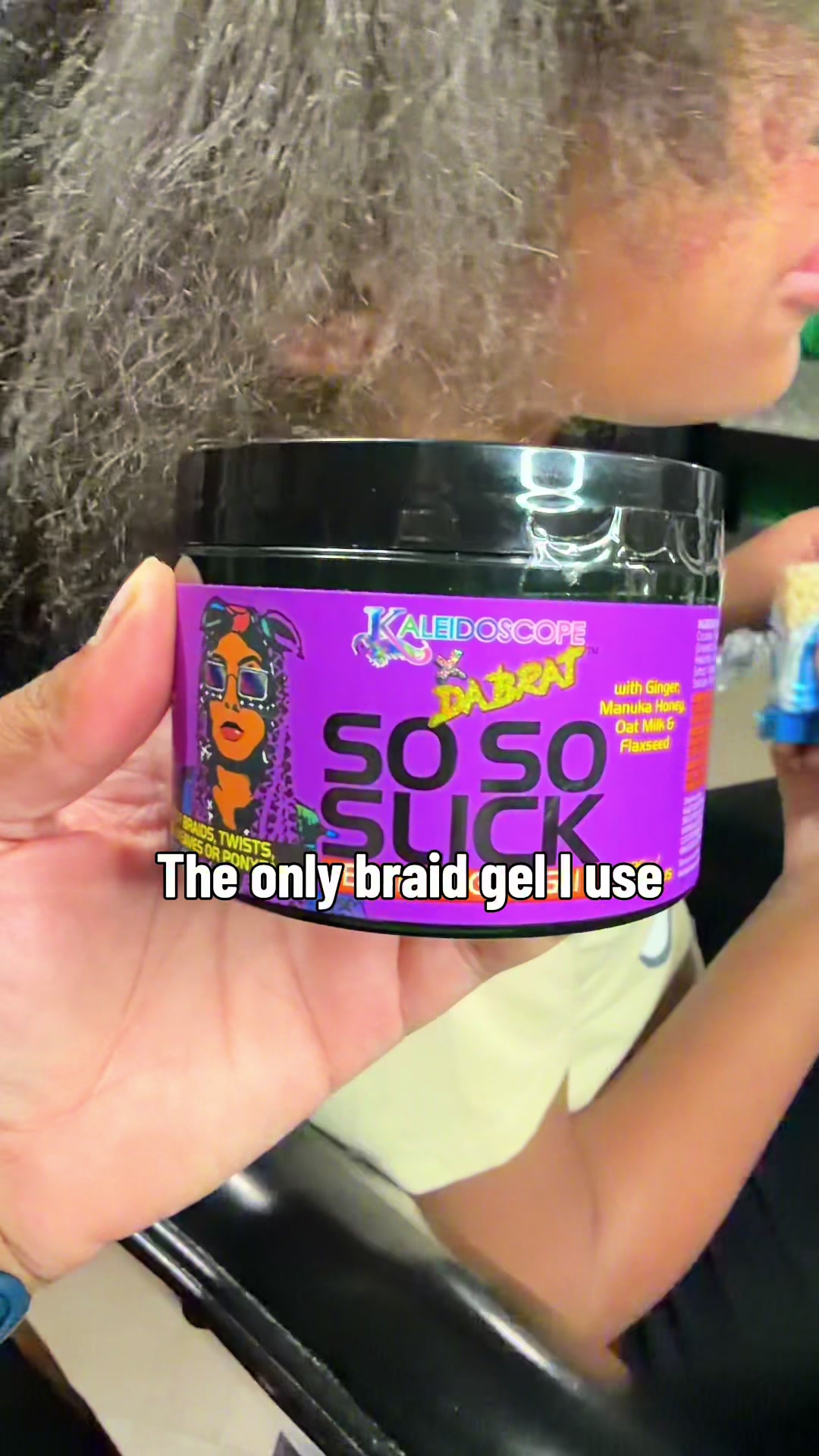 TikTok post by @_ladiiapril for Kaleidoscope Hair Products. Caption reads: I love this gel!!! #braidgel....
