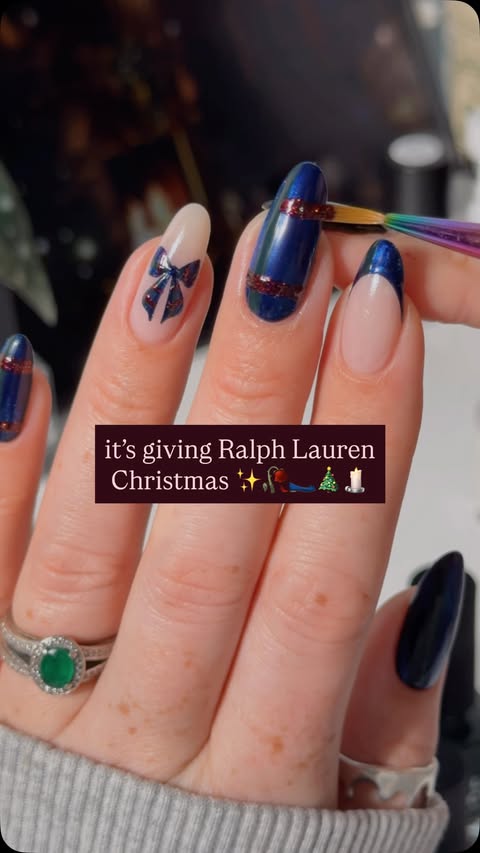 Instagram post by @thegraytergood for Holo Taco. Caption reads: attempting velvet plaid nails without gel polish....