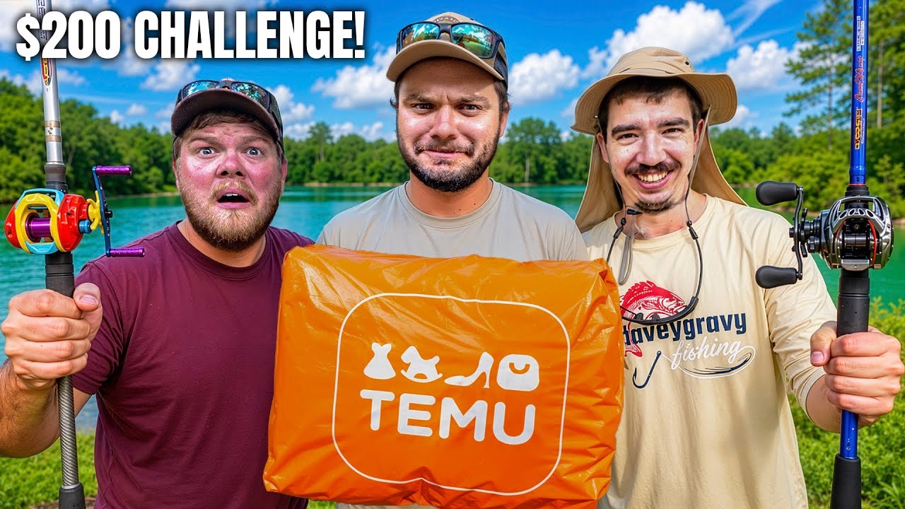 YouTube post by @AYOFishing for Click Discount. Caption reads: $200 TEMU Budget Fishing Challenge! (Rod, Reel,....