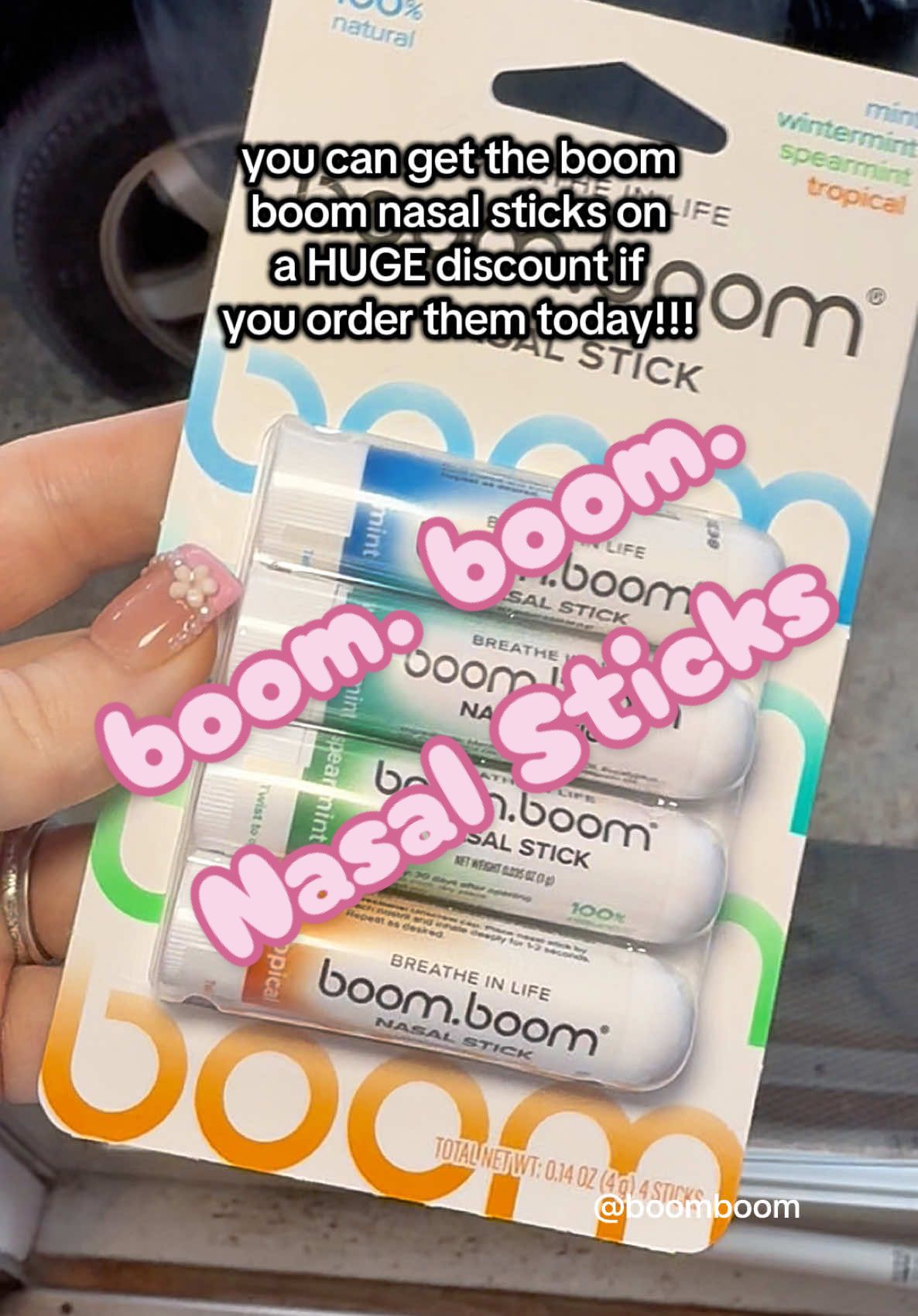 TikTok post by @alicia.toney2 for BoomBoom Naturals. Caption reads: boom boom nasal sticks are on on huge discount!....
