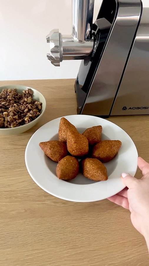 Instagram post by @sara.outabout for Aobosi. Caption reads: Making Kebbeh with @aobosihome 3000W Electric Meat....