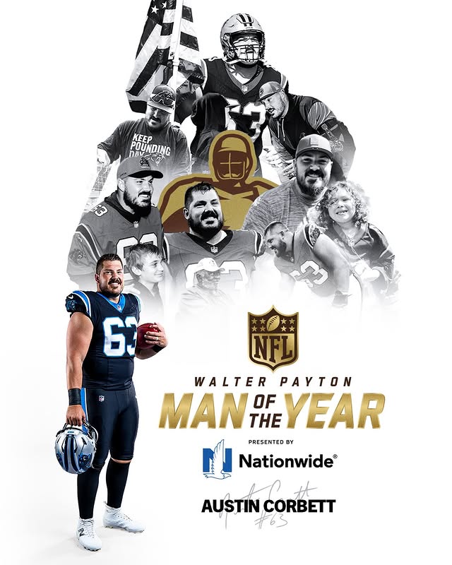 Instagram post by @bigcorbs73 for Nationwide. Caption reads: Congrats to Austin Corbett, our Walter Payton Man....