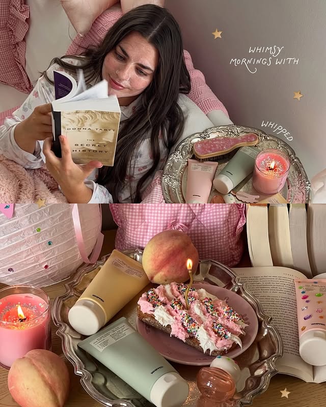Instagram post by @natalielawyer for Whipped. Caption reads: whimsical bookish mornings with WHIPPED ⭐️🎀📖🧁 ✨....