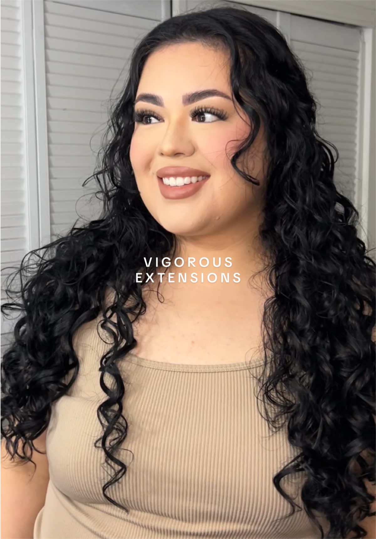 TikTok post by @_makeup_bykimmy for Vigorous Beauty. Caption reads: [...] with these curly hair extensions. @Vigorous....