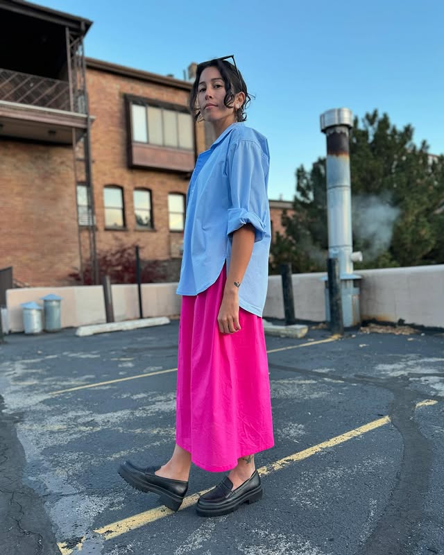 Instagram post by @leila.makes for The Fabric Store. Caption reads: i dedicate this fit to the ONLY person i saw in....