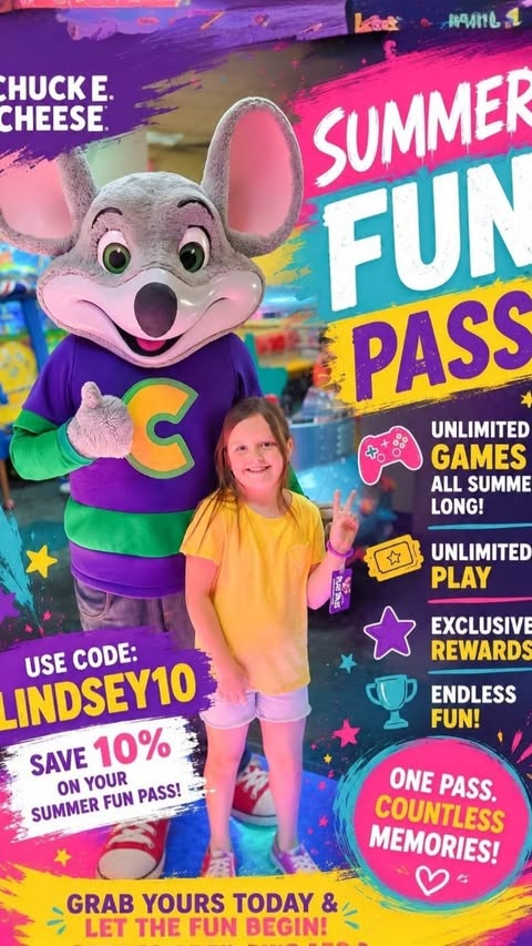 Instagram post by @lindsey.was.here for Chuck E. Cheese. Caption reads: The @chuckecheese Summer Fun Pass® is your....