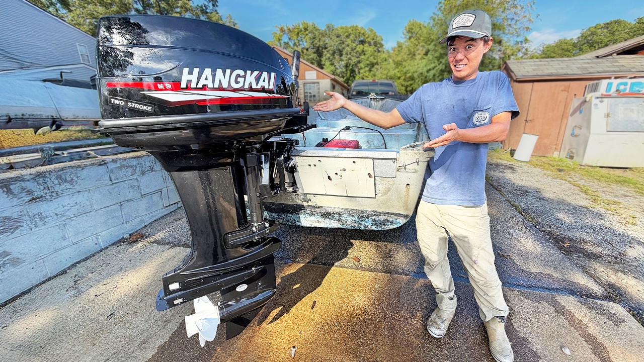 YouTube post by @fvsoutherngirl for Jimmy's Famous Seafood. Caption reads: I bought the LARGEST outboard on Amazon (40HP).
