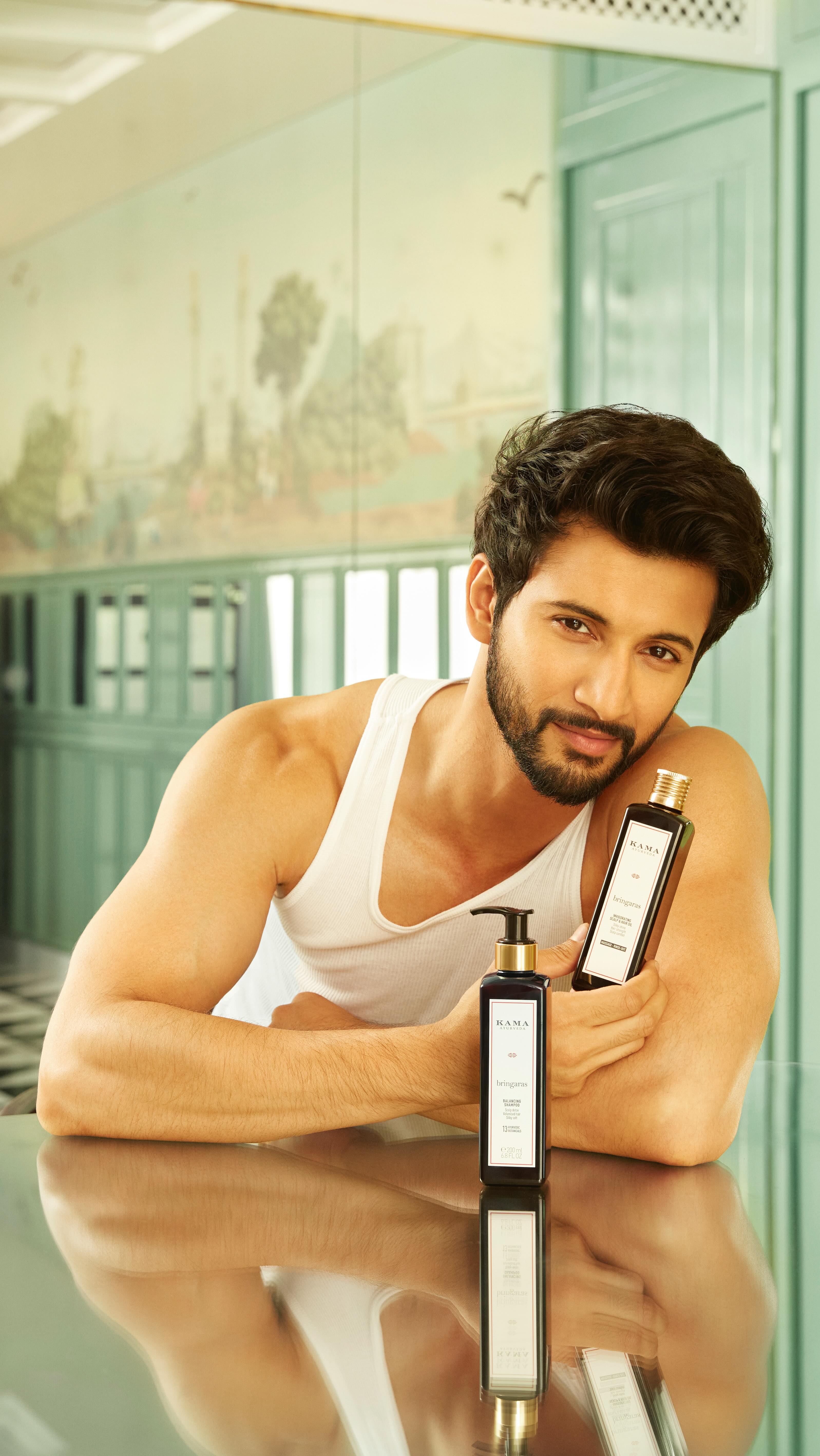 Instagram post by @rohitsaraf for Kama Ayurveda. Caption reads: My hair goes through a lot - shoots, heat styling....