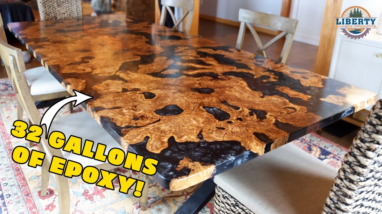 YouTube post by @LibertyLumberProducts for Eye Candy Pigments. Caption reads: We Build a MASSIVE Olivewood Table!.