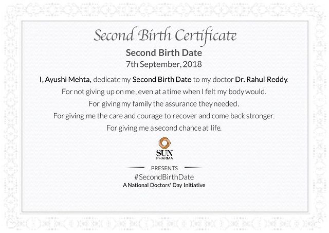 Instagram post by @ayushi.mehta2 for Sun Pharma. Caption reads: [...] chance at life. #SecondBirthDate. Join....