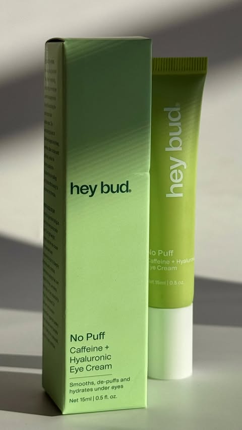 Instagram post by @rushna.shykh for Hey Bud Skincare. Caption reads: [...] to tired-looking eyes. 💚👀 The....