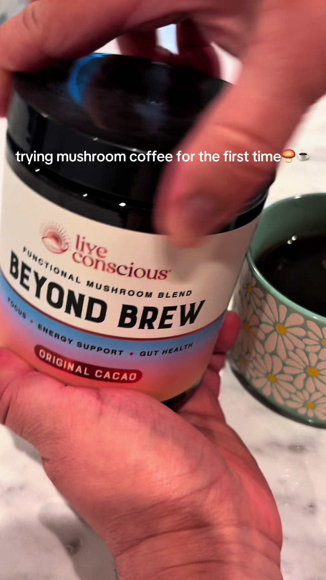 TikTok post by @rubialvarez7887 for Live Conscious. Caption reads: @Live Conscious This Beyond Brew Mushroom Coffee....
