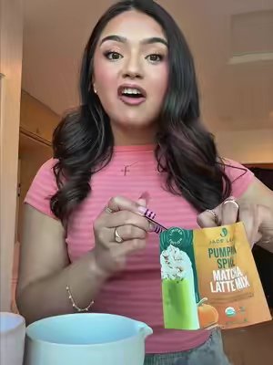 TikTok post by @kristenncruz for Jade Leaf Matcha. Caption reads: [...] matcha?! I couldn’t wait 🎃🍵🧡 @Jade Leaf....