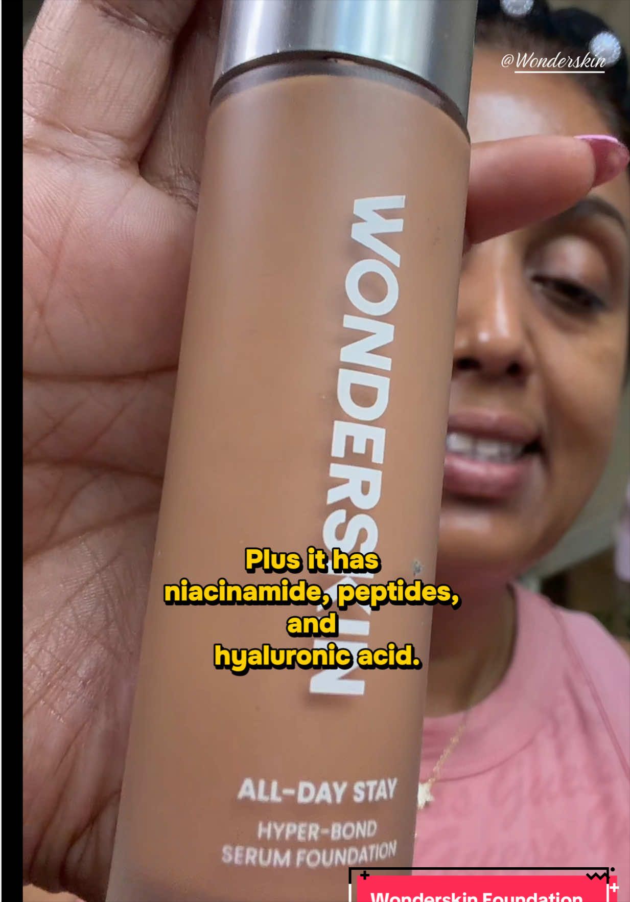 TikTok post by an influencer for Wonderskin Beauty. Caption reads: ✨ Foundation that looks like skin is always a win.....