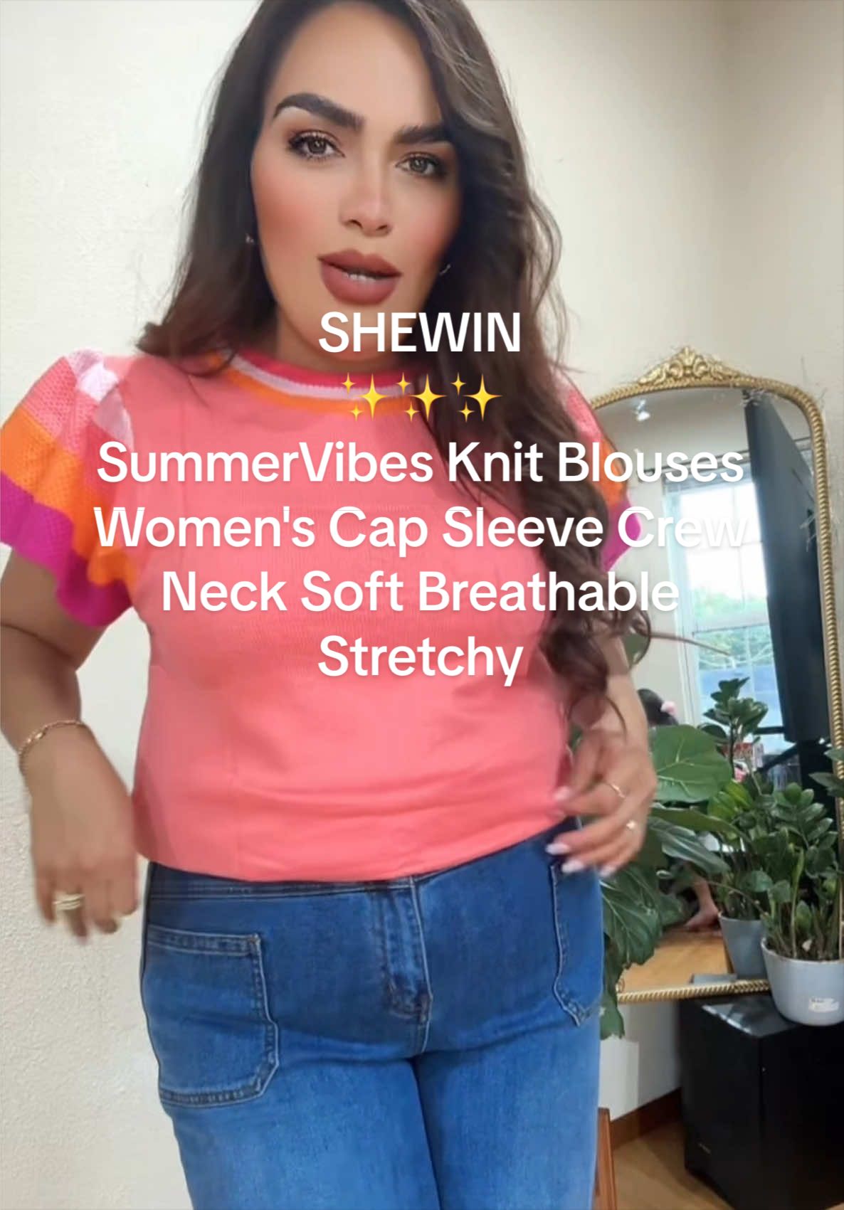 TikTok post by @lauarizaga677 for Shewin. Caption reads: Shewin 2026 SummerVibes Knit Blouses Women's Cap....