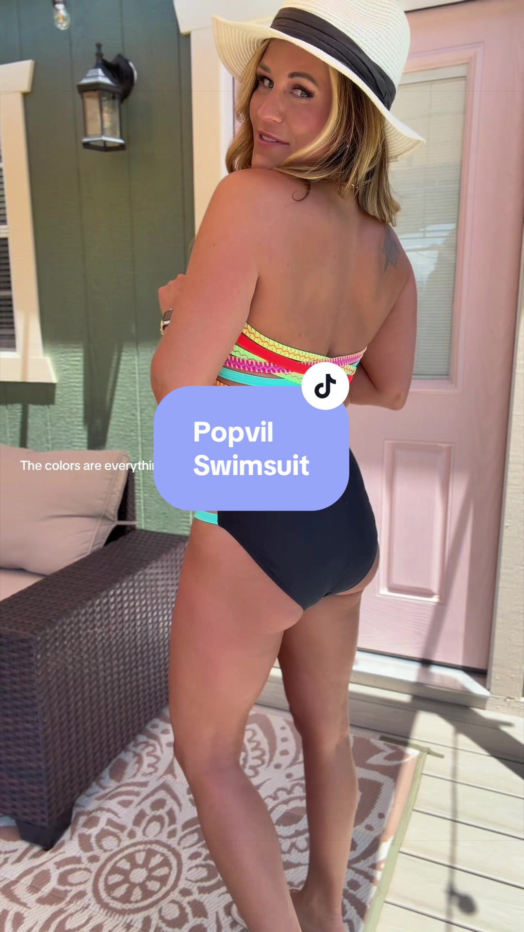 TikTok post by @jackiebentley for Popvil. Caption reads: Ok this suit from @popvilshop is worth the hype!!....
