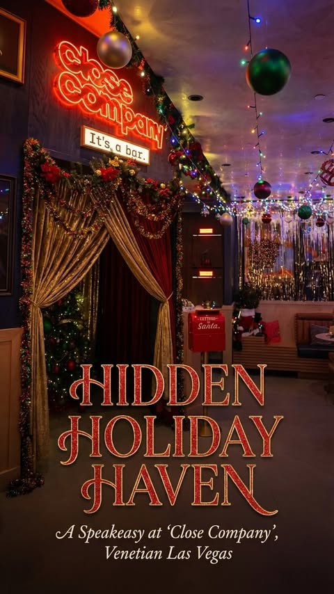 Instagram post by @closecompanybar for The Venetian Las Vegas. Caption reads: 🎄 Close Company transforms into a Christmas....