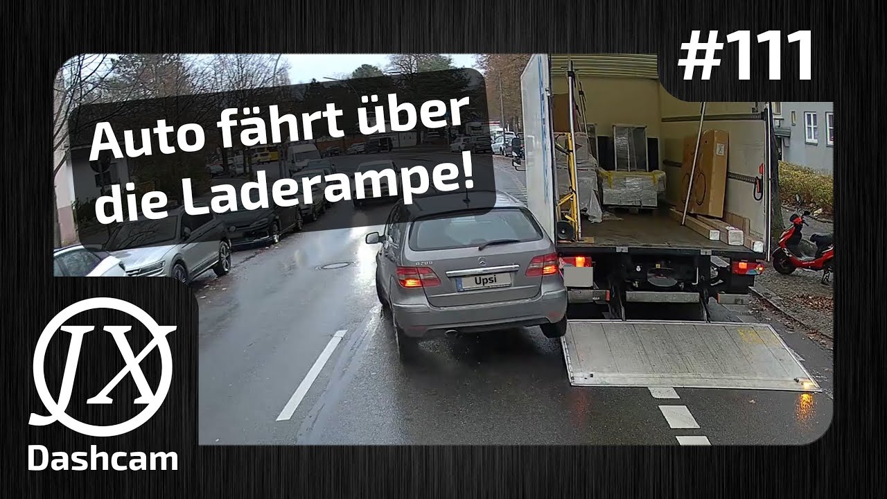 YouTube post by @JXDashcam for WeTransfer. Caption reads: Bus clips car in extreme fashion! Without looking....