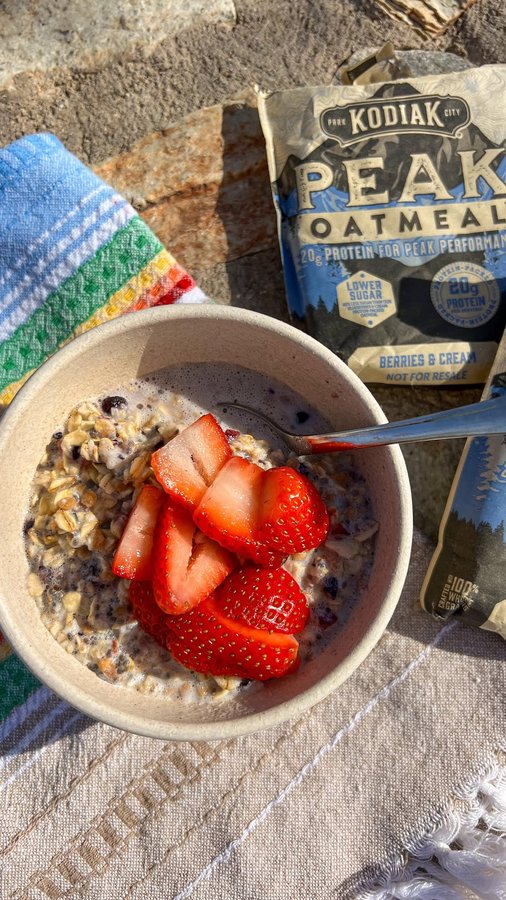 Instagram post by an influencer for Kodiak Cakes. Caption reads: Easy protein breakfast with @kodiakcakes! 🍓 I....