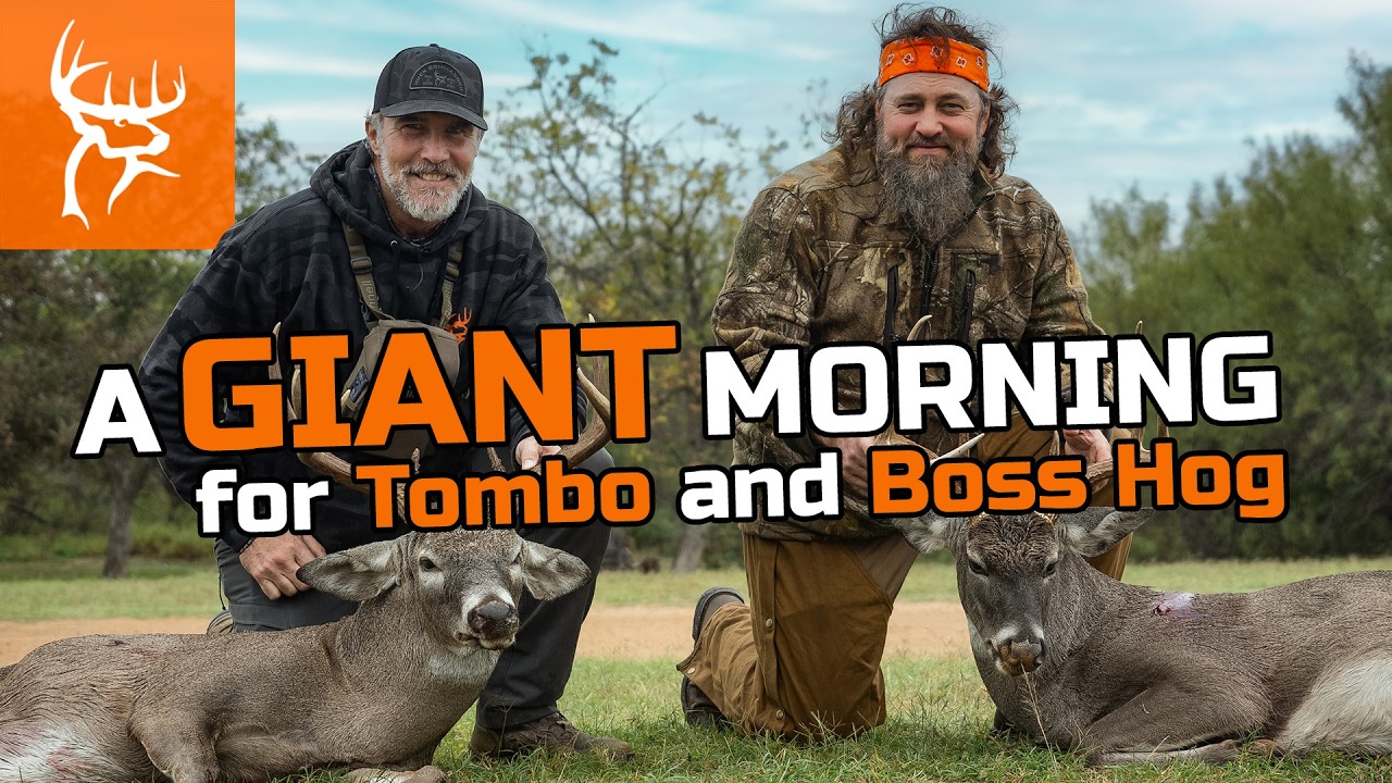 YouTube post by @BuckCommanderOfficial for Pit Boss Grills. Caption reads: Boss Hog and Tombo DOUBLE UP! | a GIANT morning.