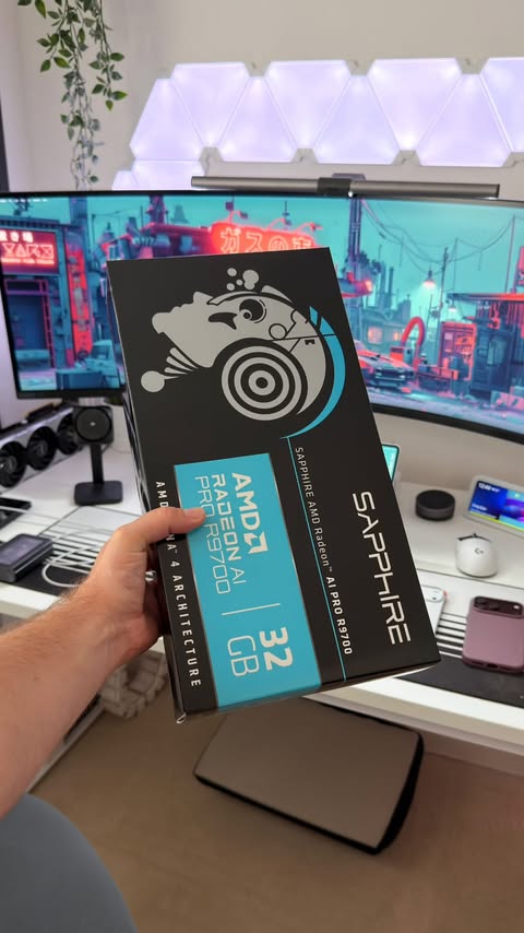 Instagram post by @developeradam for AMD. Caption reads: Hey Jarvis, Daddy’s home 🏠 The AMD Radeon R9700....
