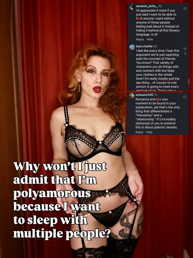 Instagram post by @polyampinup for Playful Promises. Caption reads: This type of comment is very common under my....