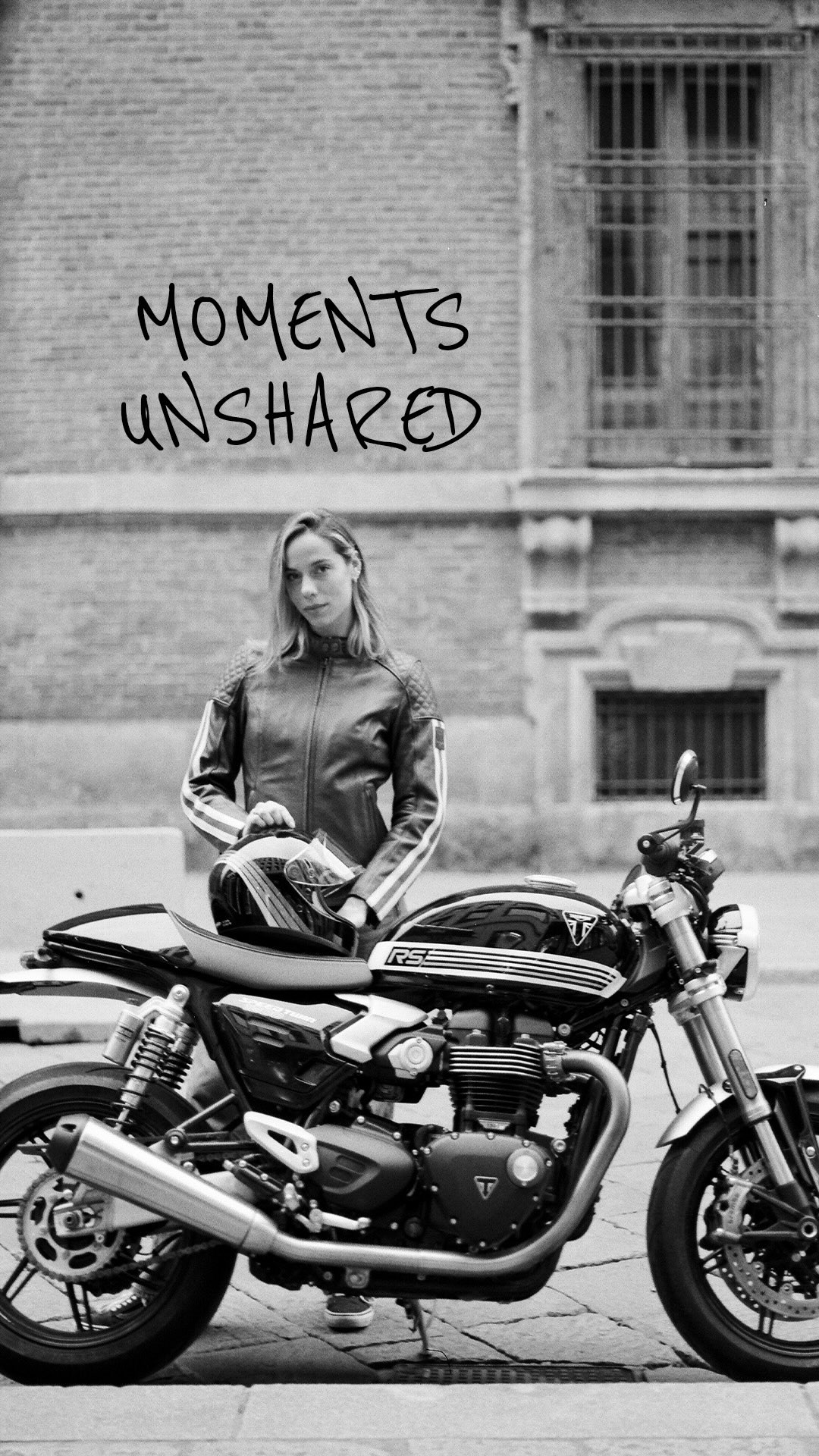 Instagram post by @caterinalicini for Triumph Motorcycles. Caption reads: She never rushes. The road sets the pace. In the....