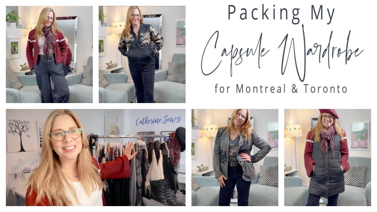 YouTube post by @CatherineSews for Earth Breeze. Caption reads: Packing My Capsule Wardrobe for Montreal & Toronto....