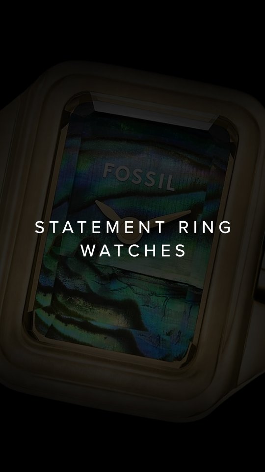 Instagram post by @helioswatches for Fossil. Caption reads: Where time meets artistry – statement ring watches....