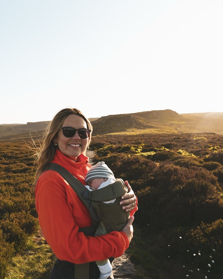 Instagram post by @geordie_hiker for Danner. Caption reads: golden hour magic 🧡
 4 weeks postpartum and....