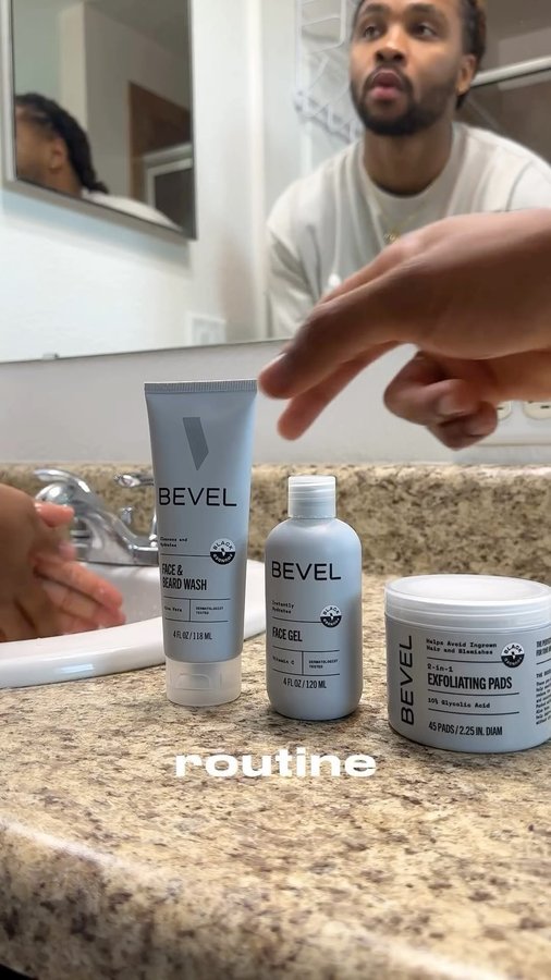 Instagram post by @darrielstewart for Bevel. Caption reads: [...] with my 3 step skincare routine from @bevel....