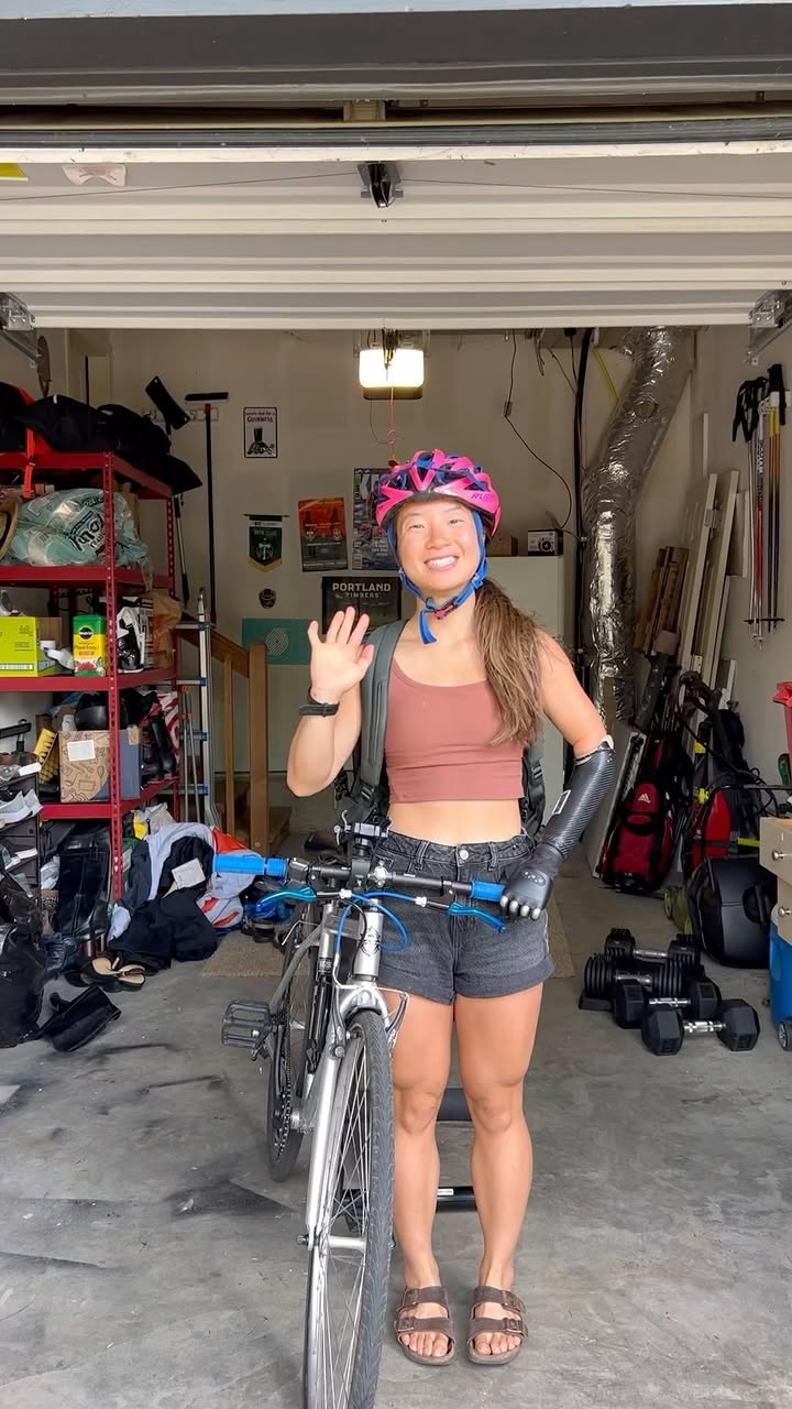 Instagram post by @gracemillerak for Away. Caption reads: I love being able to commute on my bike in....