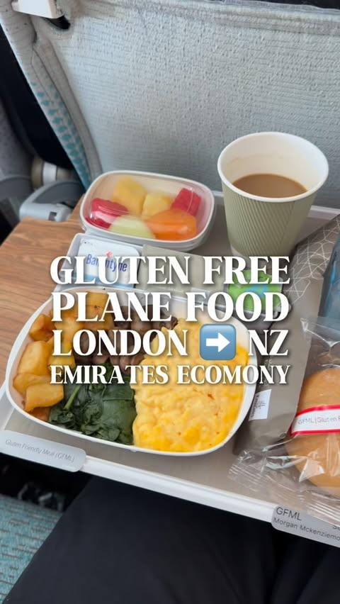 Instagram post by @howtocoeliac for Emirates. Caption reads: ✨Gluten Free Plane Food - Emirates Economy✨....