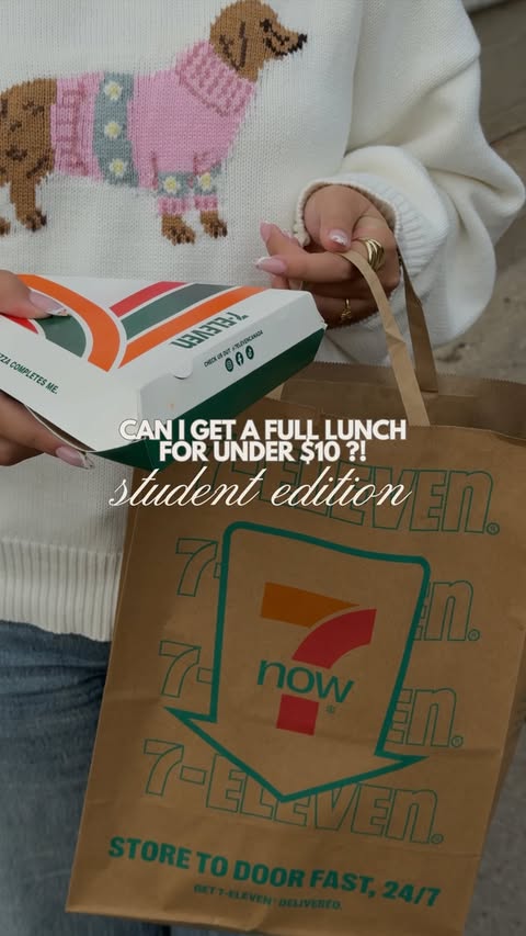 Instagram post by @sofiaadelgiudice for 7-ELEVEN. Caption reads: student lunch on a budget 🤝 @7ElevenCanada 🍕🥤🍩....