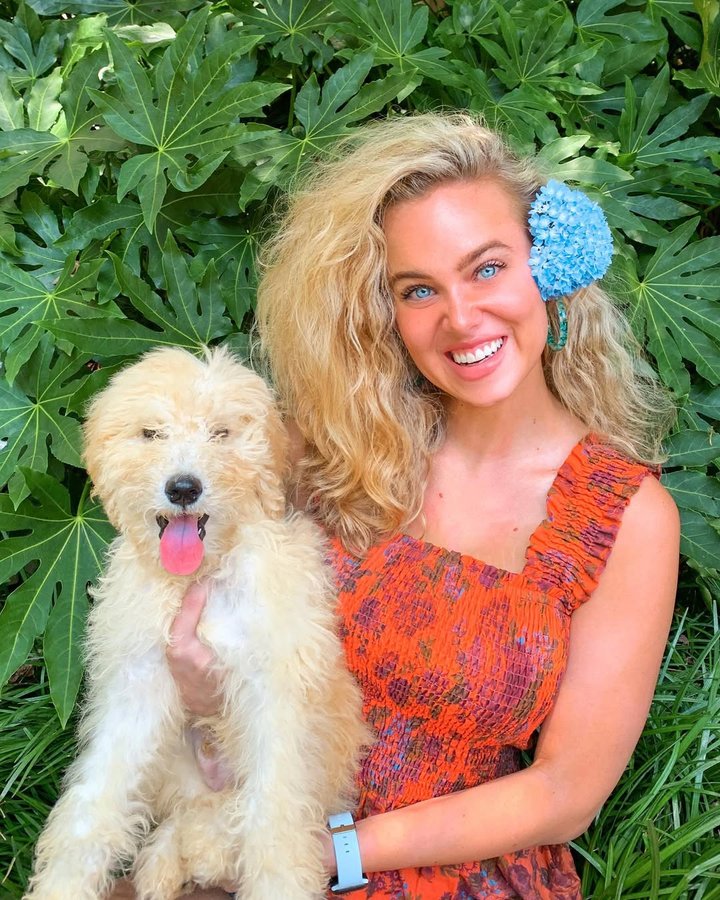 Instagram post by @indiabatson for Freeman Beauty. Caption reads: Mochi’s first time ever outside soaking up the....