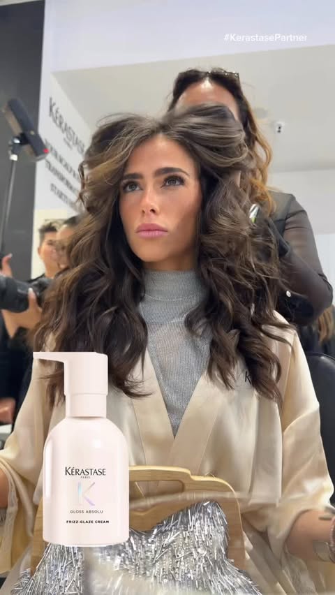 Instagram post by @bruna.conce for Kérastase. Caption reads: Putting the Kerastase new gloss absolu anti frizz....