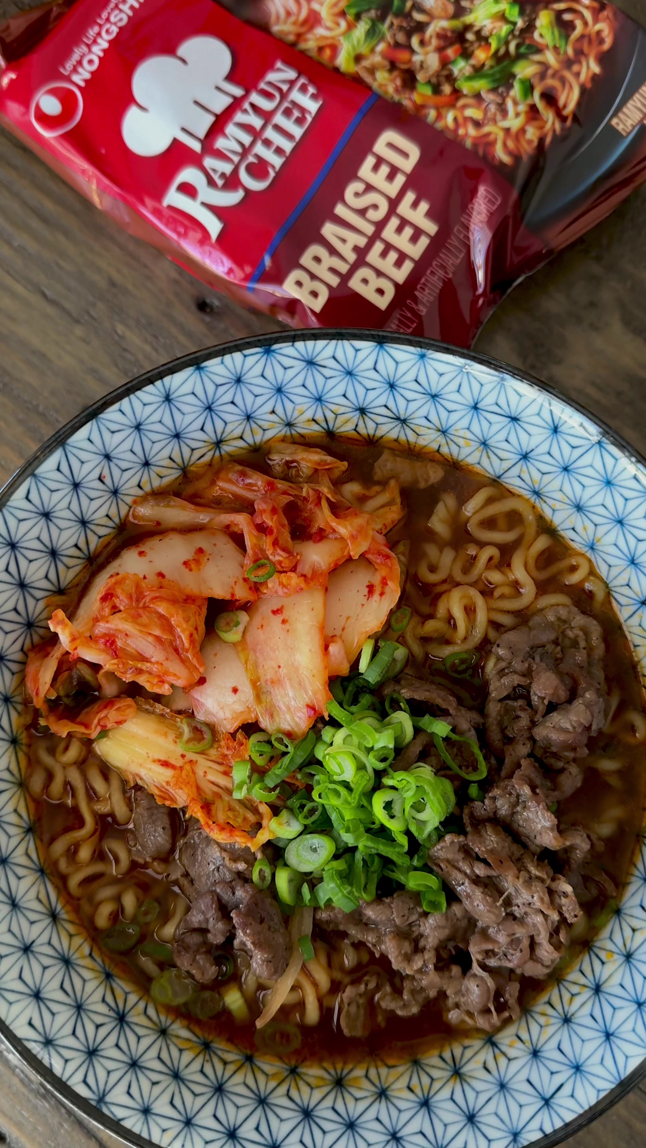 TikTok post by @christycooks_ for Nongshim America. Caption reads: Turning instant ramen into a ramyun bulgogi bowl....