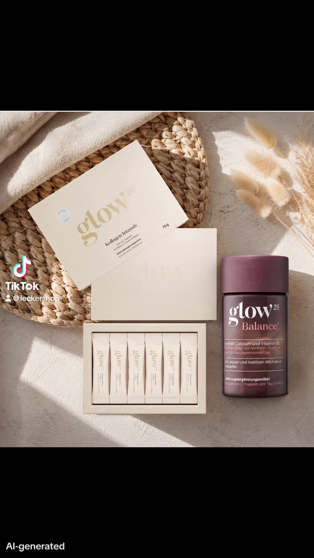 TikTok post by @leckershop for Glow25. Caption reads: Glow25 Balance [30 Portionen] & Glow25 Kollagen....
