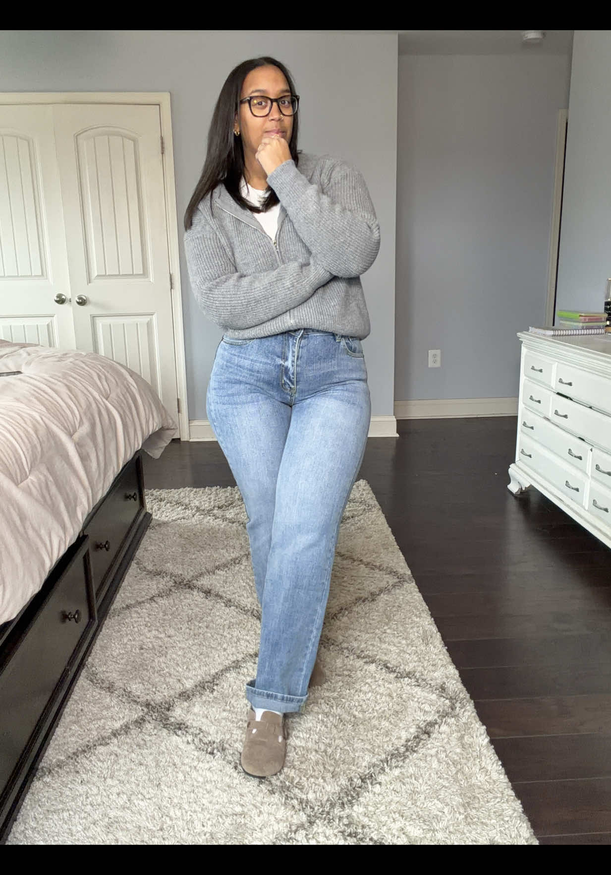 TikTok post by @mykasfinds for Fashion Nova. Caption reads: @Fashion Nova #jeans #straightlegjean [...].