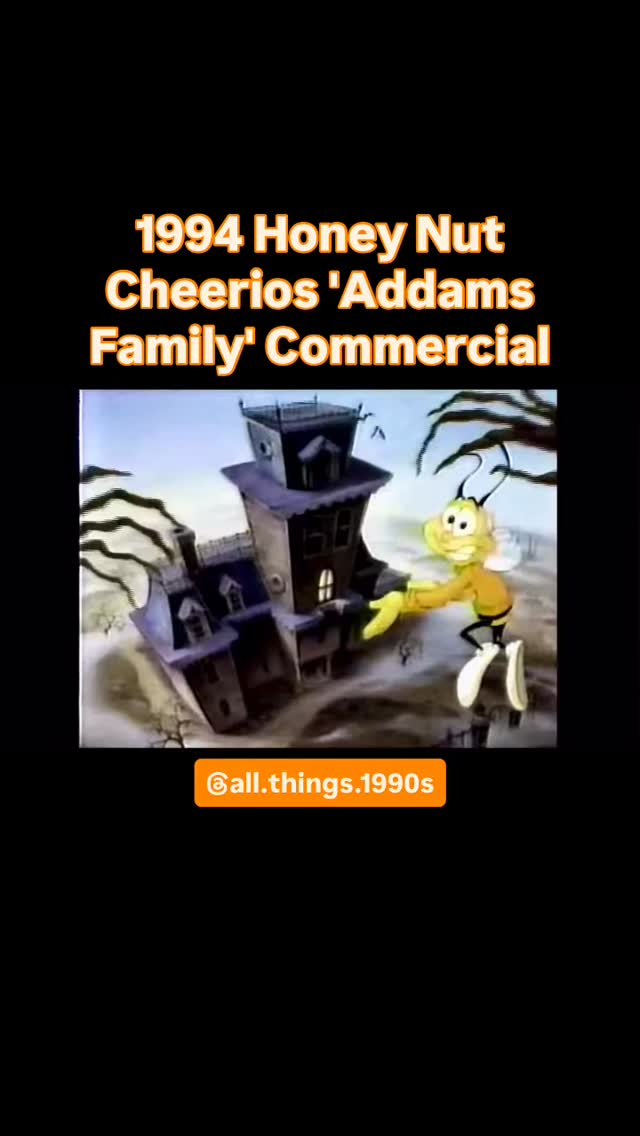 Instagram post by @all.things.1990s for Cheerios. Caption reads: 1994 Honey Nut Cheerios 'Addams Family' Commercial....